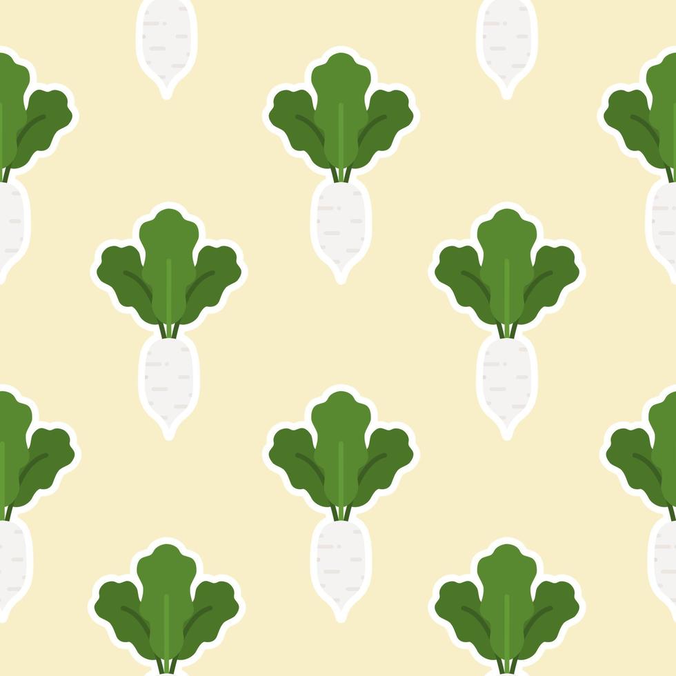 seamless vector pattern of turnip or white radish. Vegetarian food background. Cartoon style. Green vegetables.
