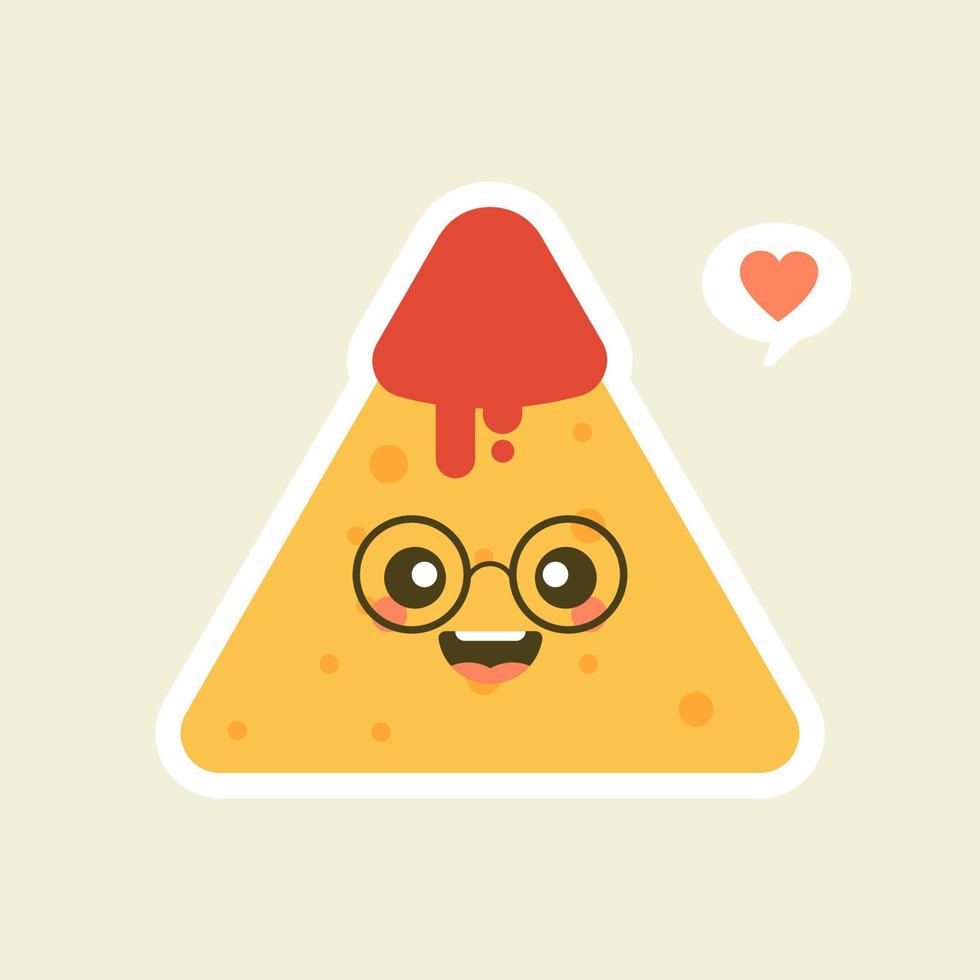 divertidos personajes nachos con salsa de tomate. buena comida mexicana. ilustración vectorial vector