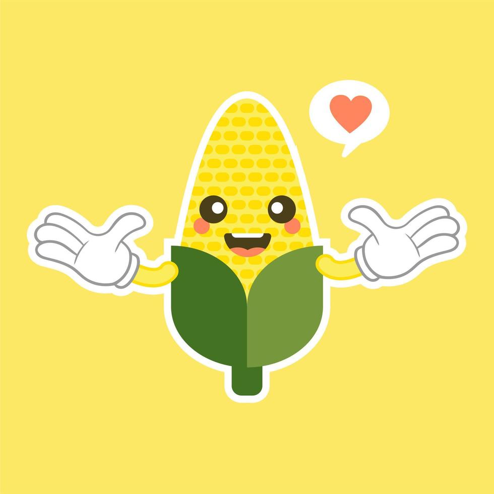 Ilustración de vector de diseño plano de carácter de maíz. lindo maíz divertido en estilo kawai de dibujos animados. vector aislado sobre fondo de color