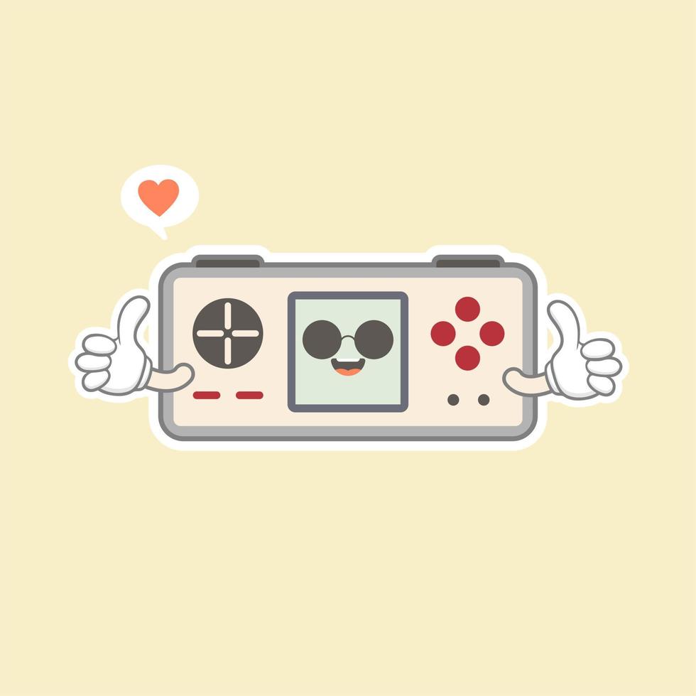 Ilustración de vector de consola de juego portátil kawaii lindo. logotipo de la mascota del juego. personaje. viejo juego retro. estilo de caricatura plano adecuado para la página de inicio web, pancarta, volante, pegatina, tarjeta, fondo