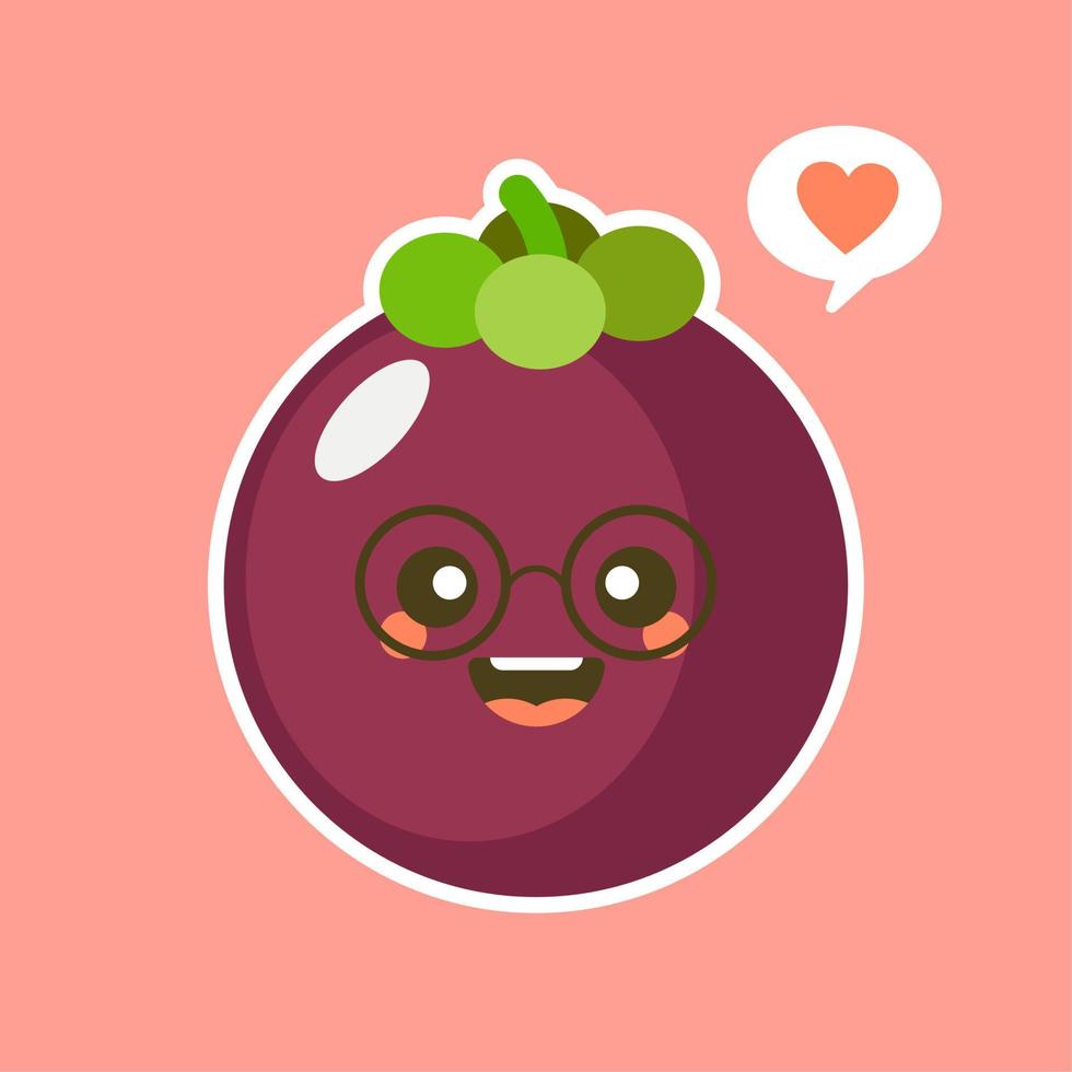 Cute and kawaii Flat Cartoon Mangosteen Illustration. Vector illustration of cute mangosteen with a smiling expression. Cute fruit mascot design