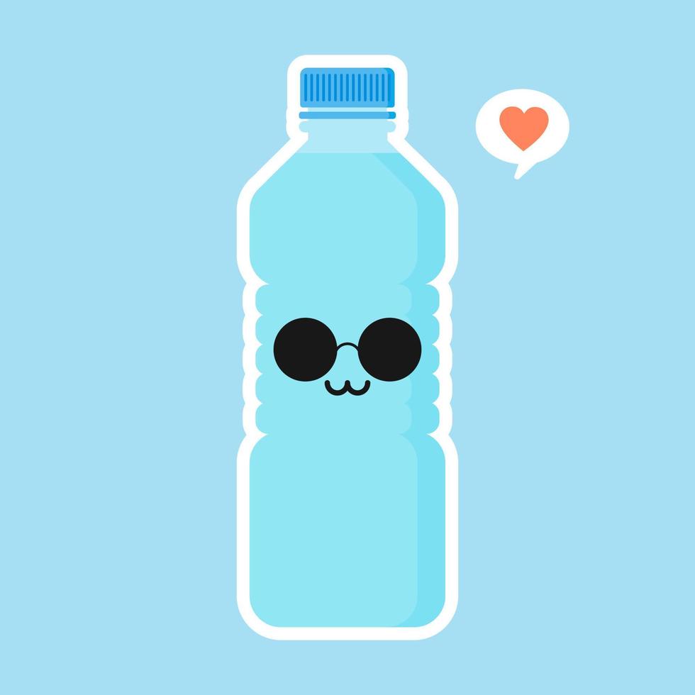 lindo y kawaii personaje de agua mineral de dibujos animados. botella de agua divertida. concepto de nutrición saludable y agua mineral potable. ilustración vectorial de diseño plano, emoji simple y diseño de emoticonos vector