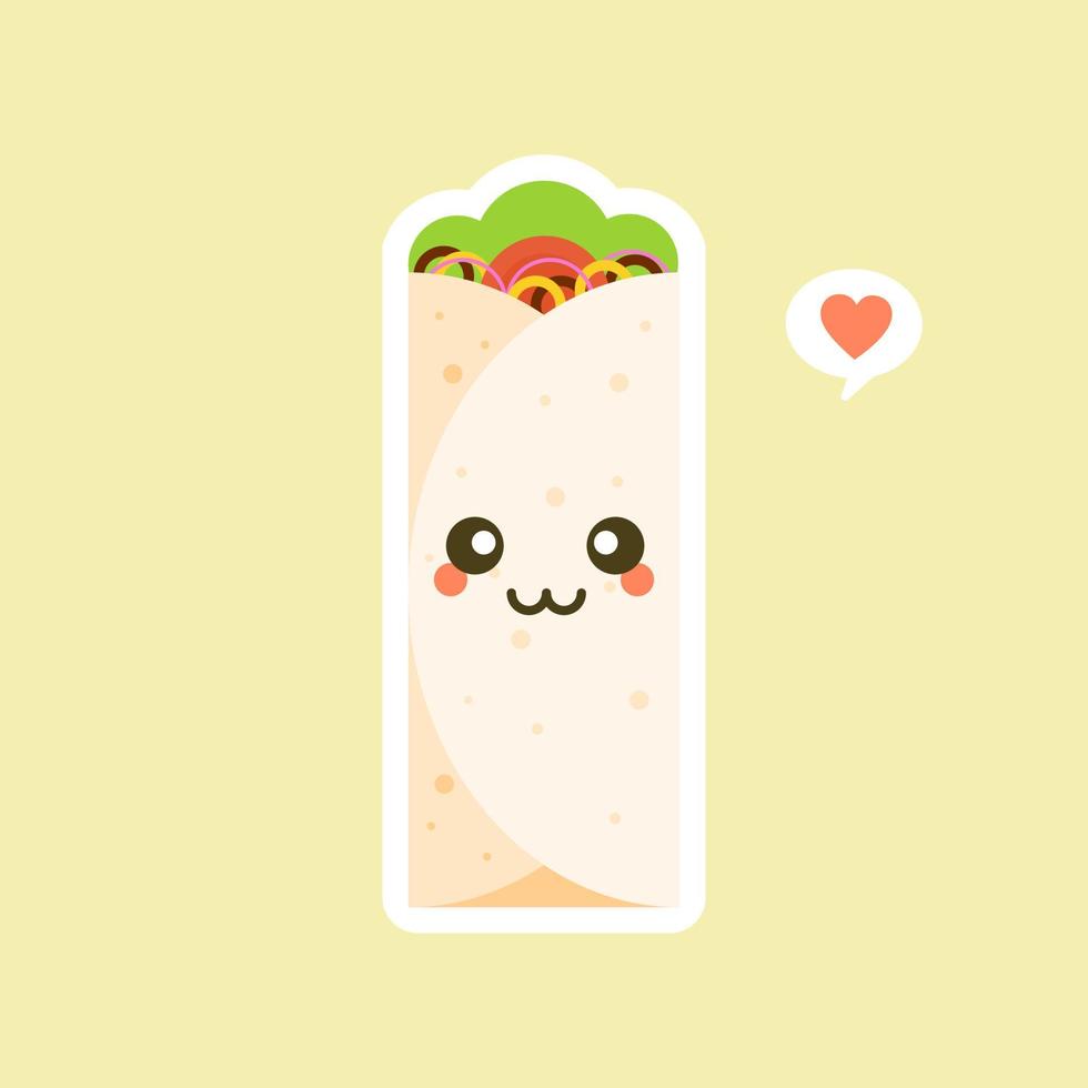 personaje de shawarma. burito dibujos animados de comida rápida. pollo vectorial, rollo de verduras, comida. doner gebab, ilustración de caricatura plana de shawarma... árabe, comida oriental, burittos, comida mexicana vector