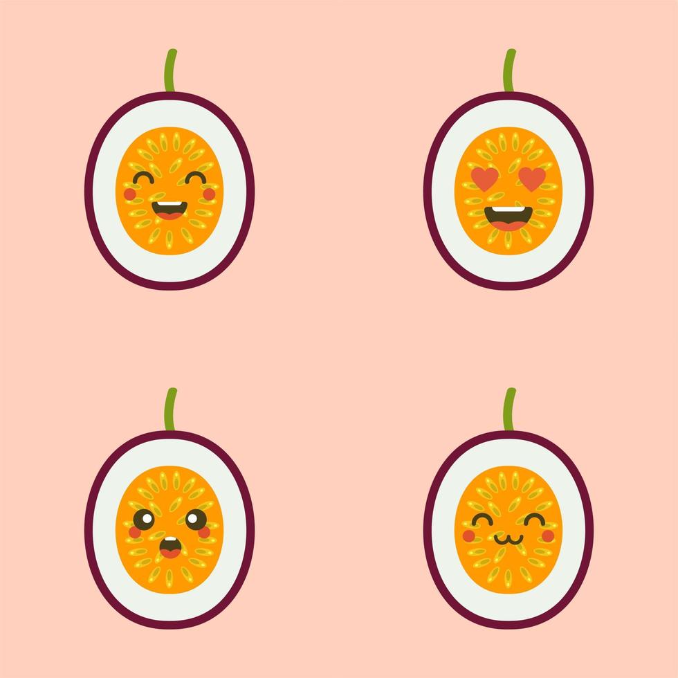 Cute smiling exotic passion fruit. Kawaii fruit character. tropical fruit design Isolated colorful vector icon