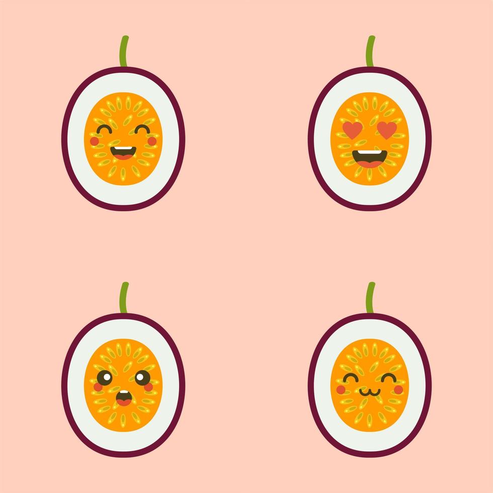 Cute smiling exotic passion fruit. Kawaii fruit character. tropical fruit design Isolated colorful vector icon