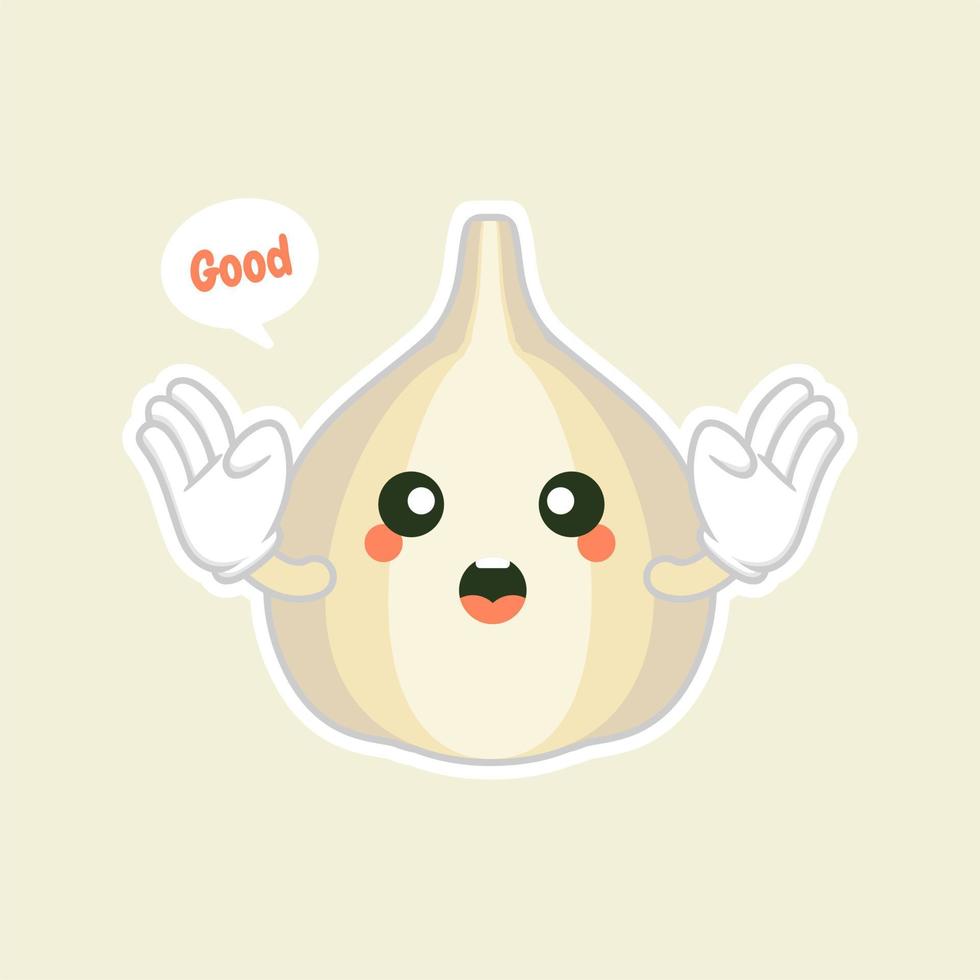 cute and kawaa garlic cartoon character flat design vector illustration. can use restaurant menu, cooking books and organic farm label. Healthy food. Tasty vegan. Organic product. Culinary ingredient.