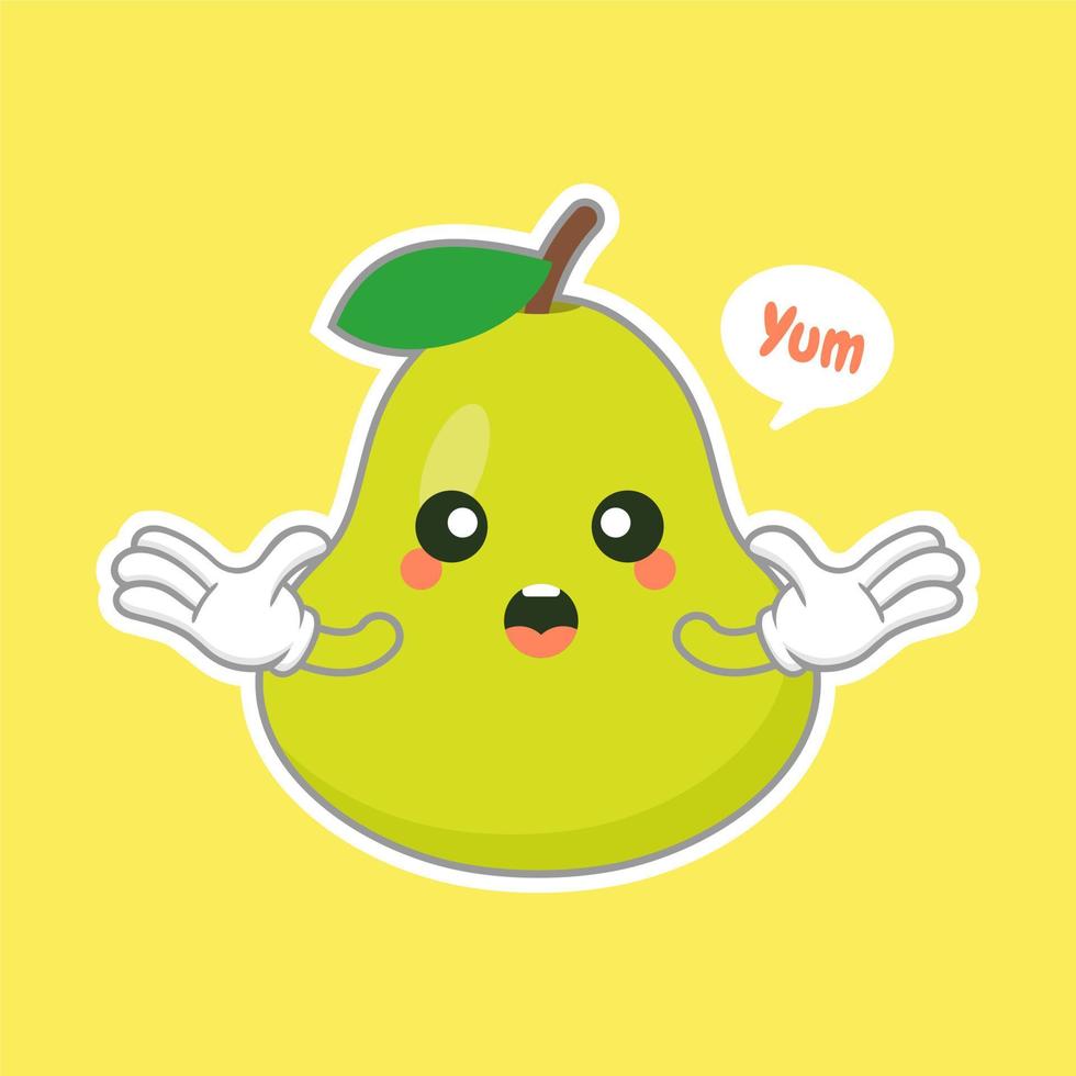 cute and happy cartoon style green pear characters for healthy food, vegan and cooking design. kawaii pear fruit with funny expression vector