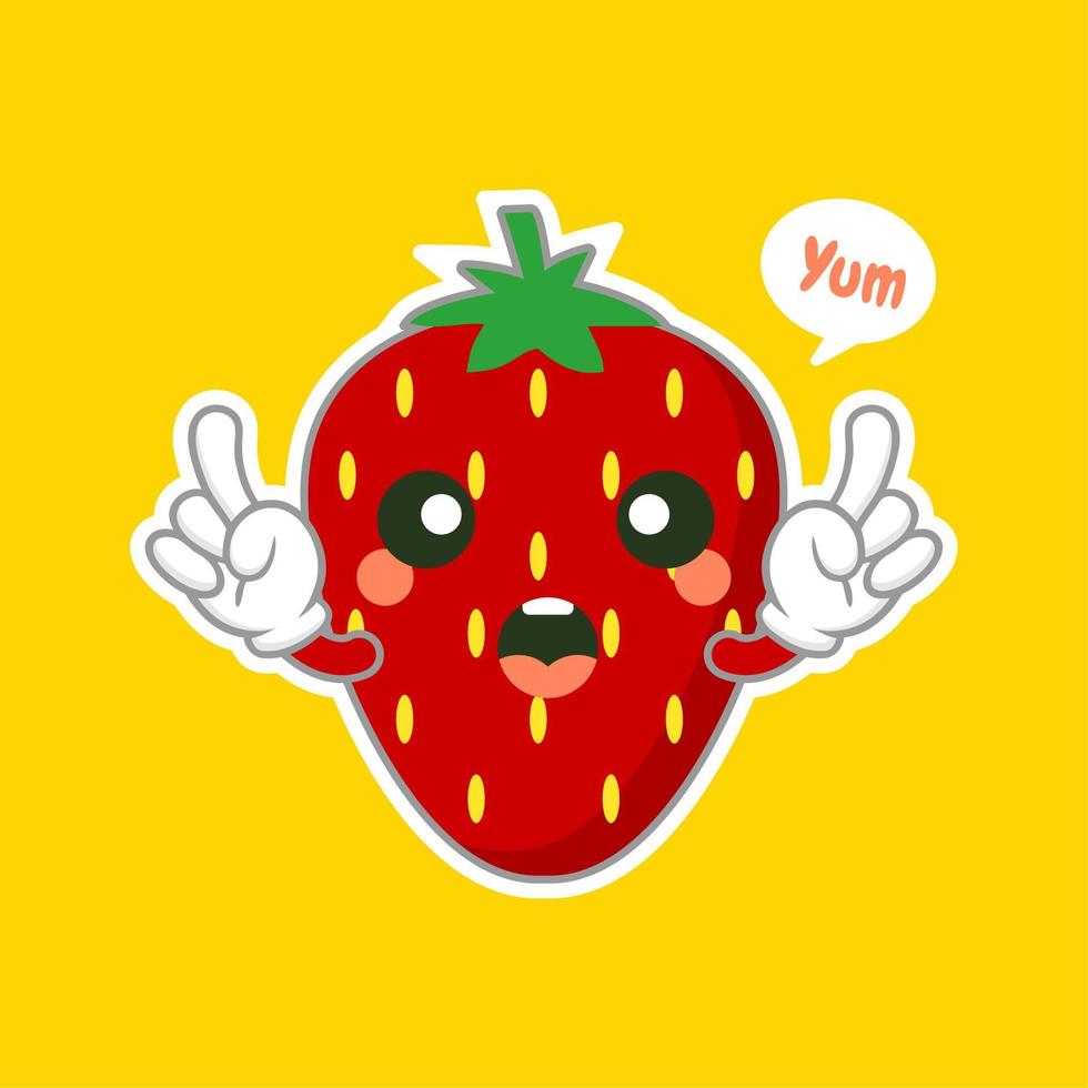 lindo y kawaii personaje de fruta de fresa. se puede utilizar en el menú del restaurante, en los libros de cocina y en la etiqueta de la granja orgánica. comida sana. sabroso vegano. Producto organico. ingrediente culinario. vector