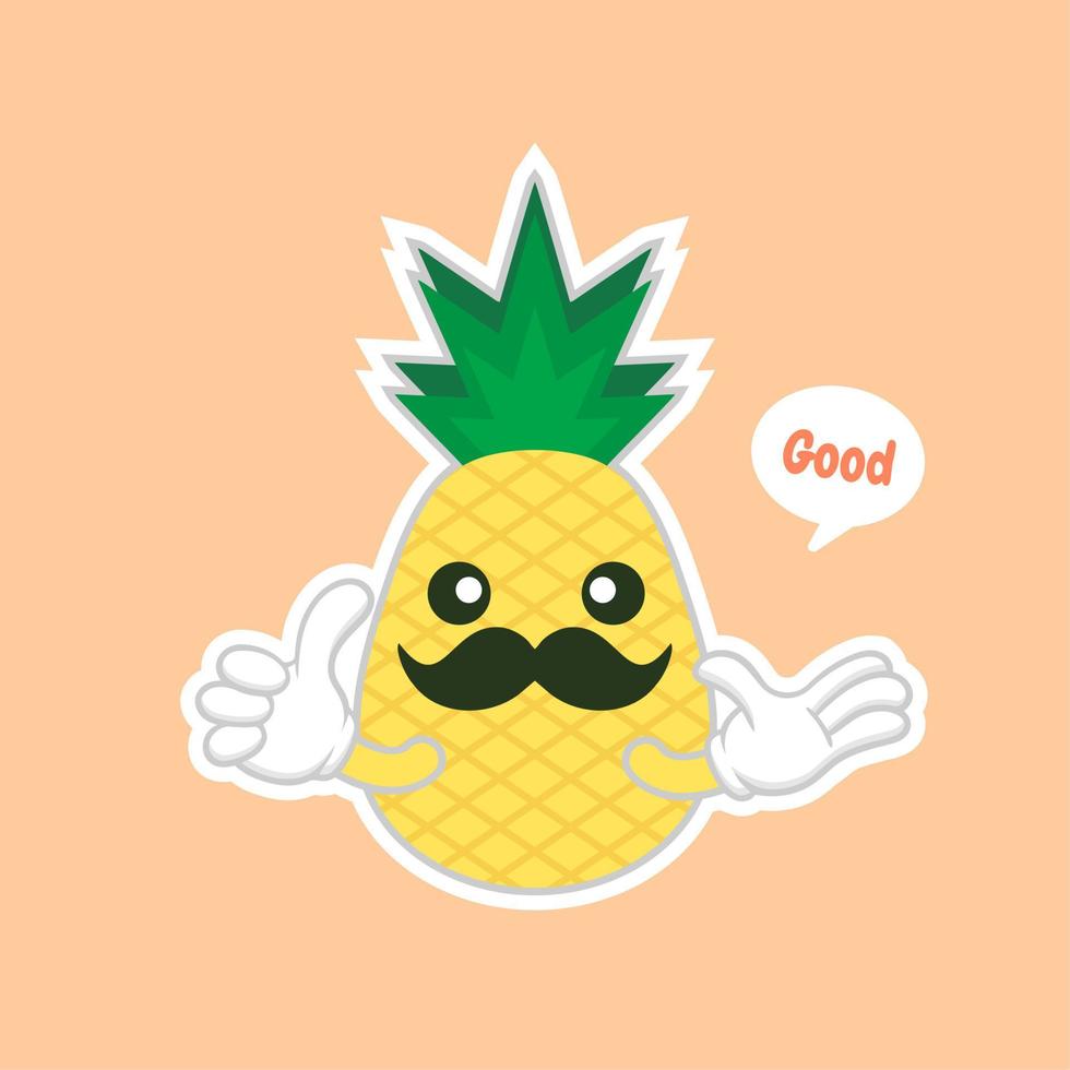 personajes de piña lindos y kawaii, personajes lindos de piña de mascotas establecidos para el verano. jugo de piña, fruta tropical, lugar de veraneo. concepto de vacaciones. para temas como frutas, verano, viajes vector