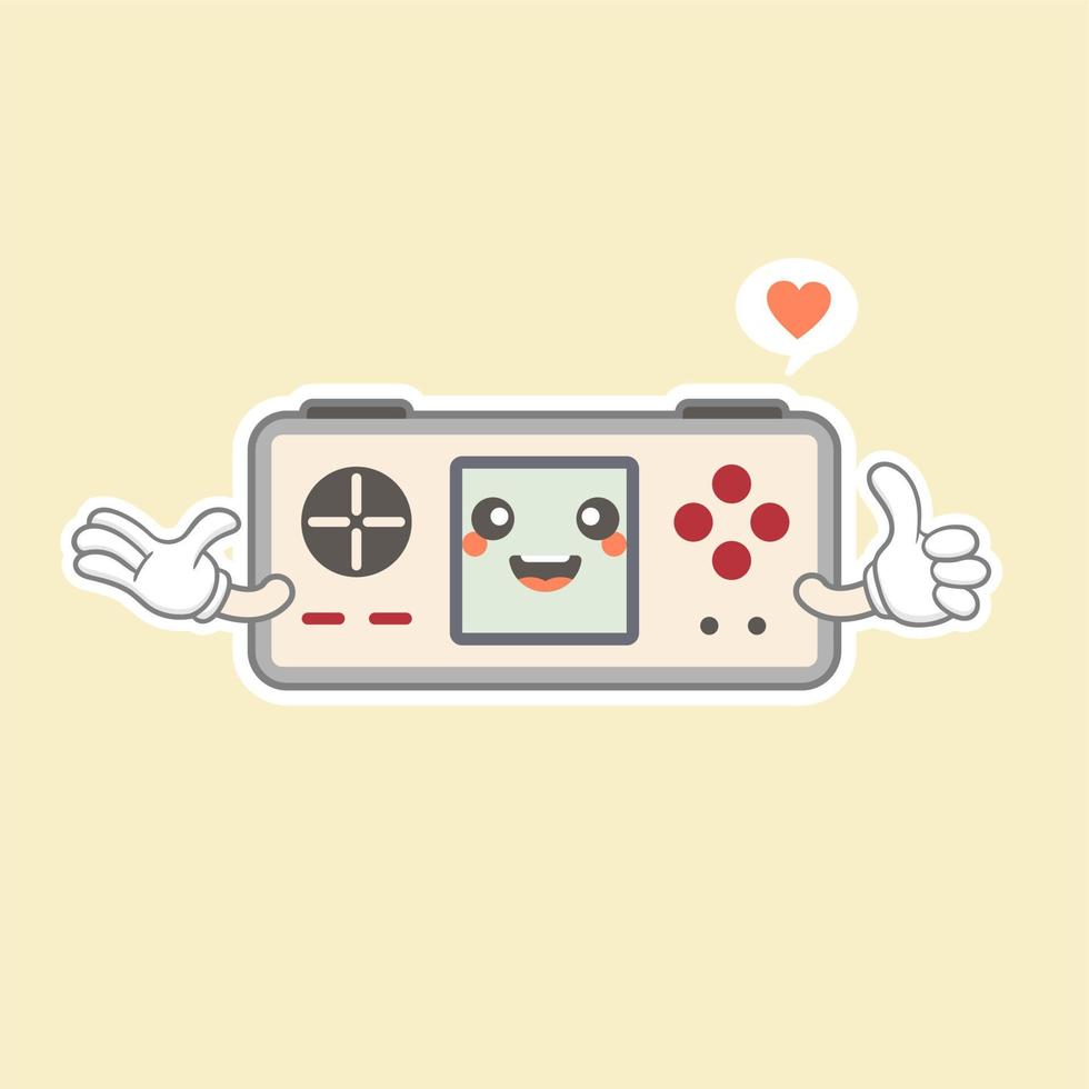 Ilustración de vector de consola de juego portátil kawaii lindo. logotipo de la mascota del juego. personaje. viejo juego retro. estilo de caricatura plano adecuado para la página de inicio web, pancarta, volante, pegatina, tarjeta, fondo