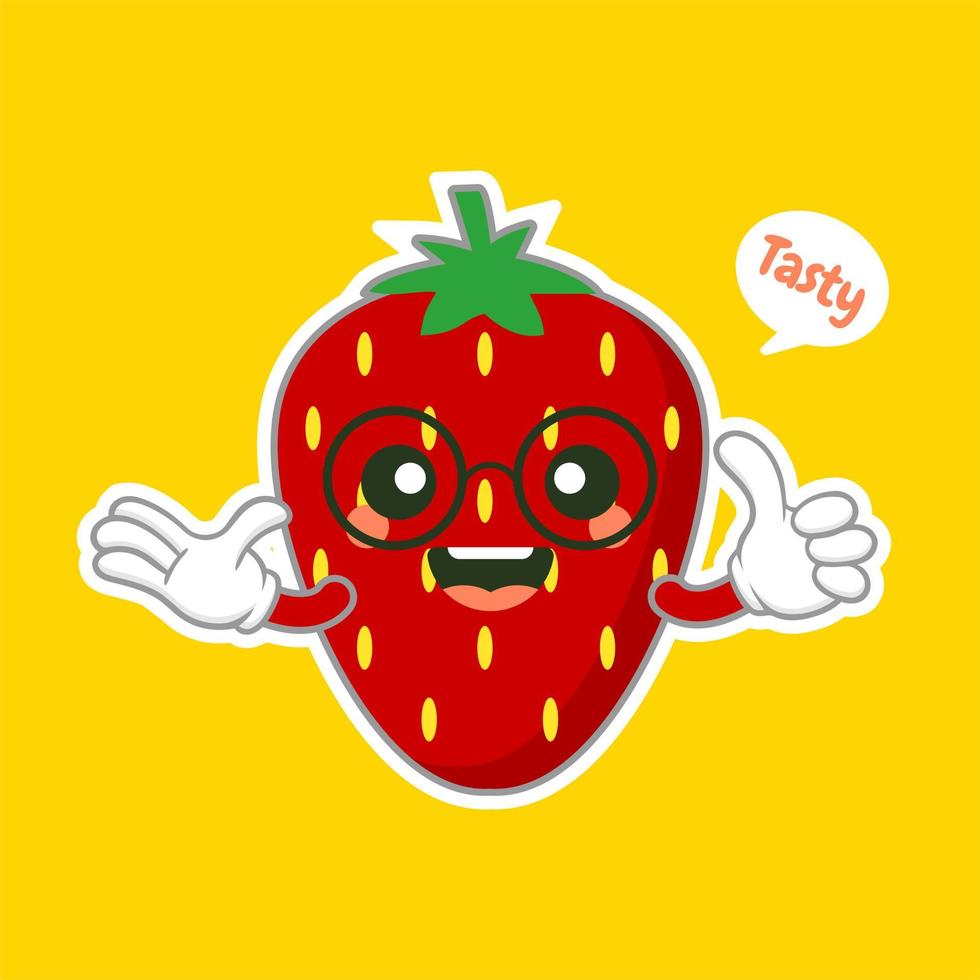 cute and kawaii strawberry fruit character. can be used in restaurant menu, cooking books and organic farm label. Healthy food. Tasty vegan . Organic product. Culinary ingredient. vector