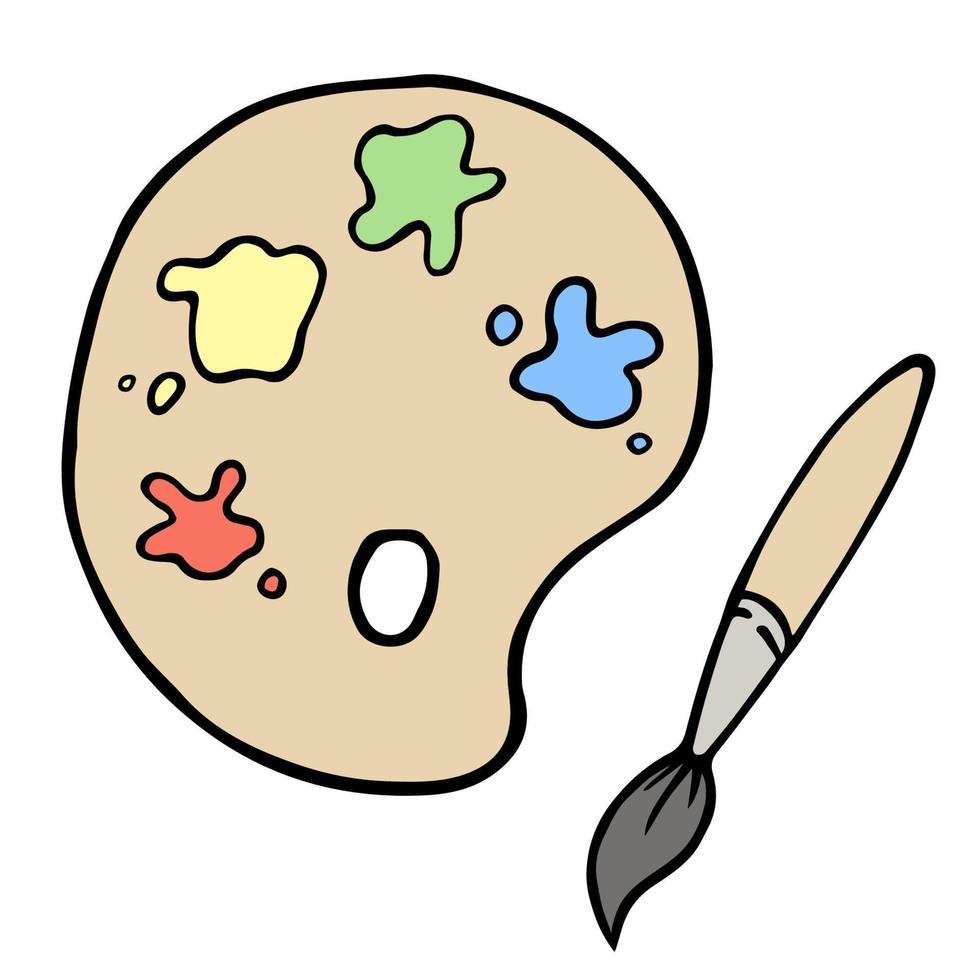 Vector illustration of paintbrush and palette in doodle style. Symbol of color wheel and artistic brush isolated on white. Hand drawn graphic elements for art-studio website