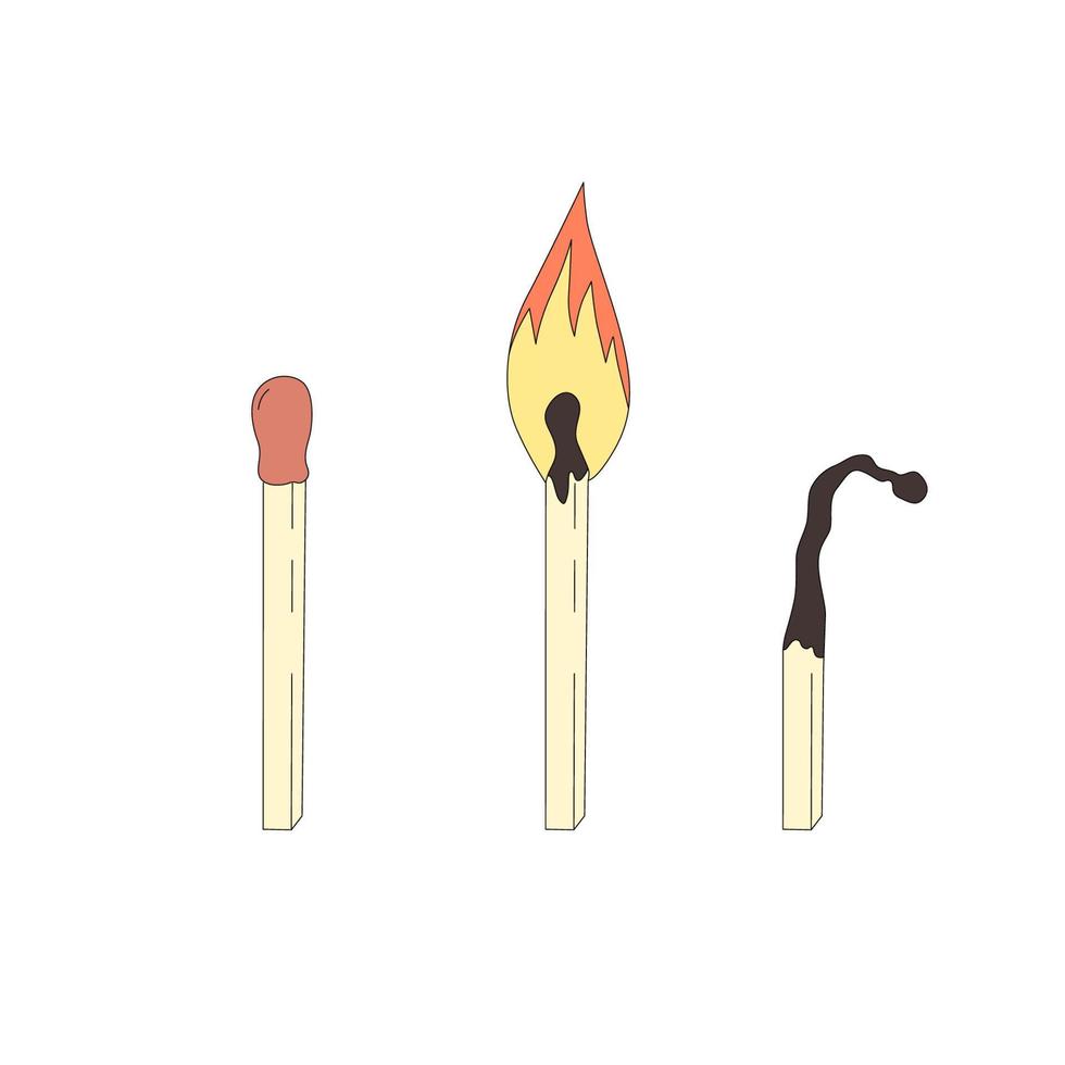 A small set of matches. New matchstick, burning matchstick, and burnt matchstick. Vector illustration isolated on white background. A symbol of life, death, emotional burnout, and depression