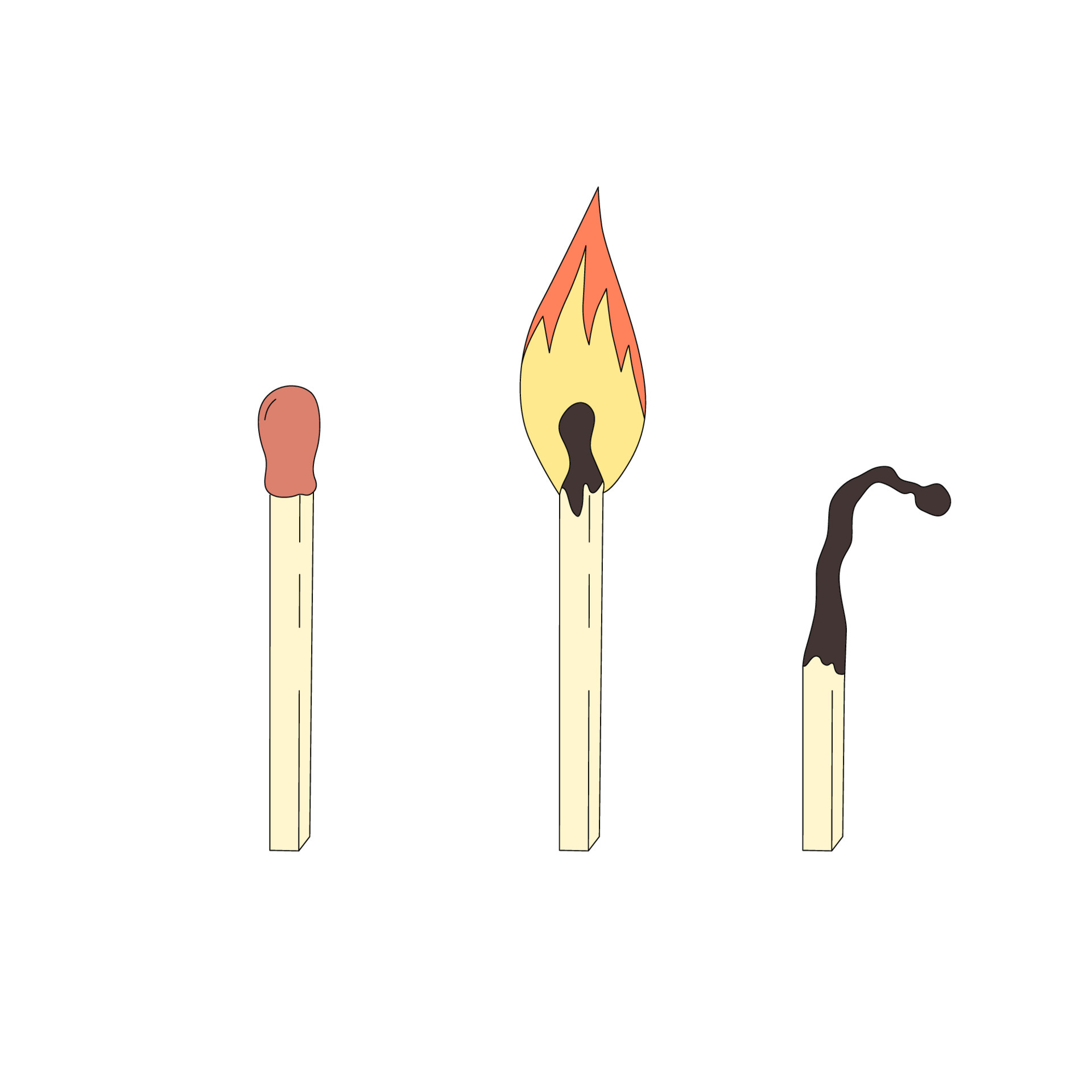 A small set of matches. New matchstick, burning matchstick, and burnt