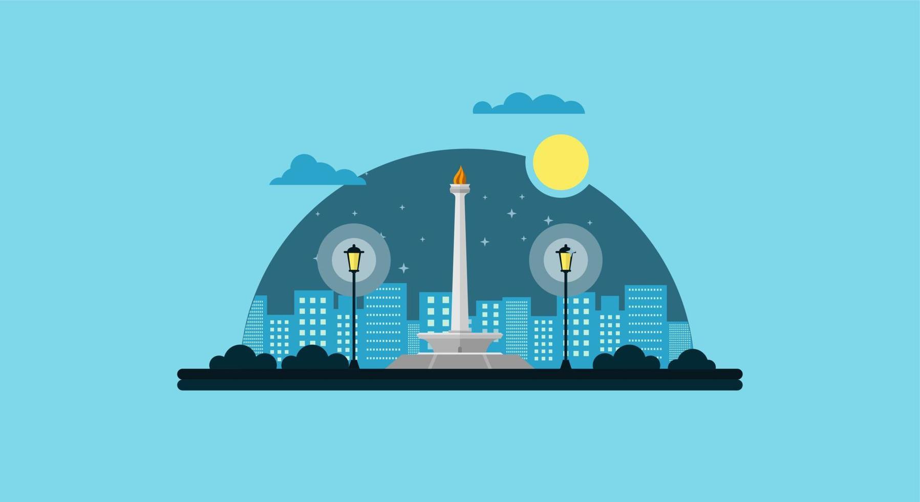 Monas Flat Vector Design Illustration. National Monument of Indonesia the Landmark of Jakarta City. Monumen Nasional Jakarta Tugu Monas, Capital City of Indonesia.