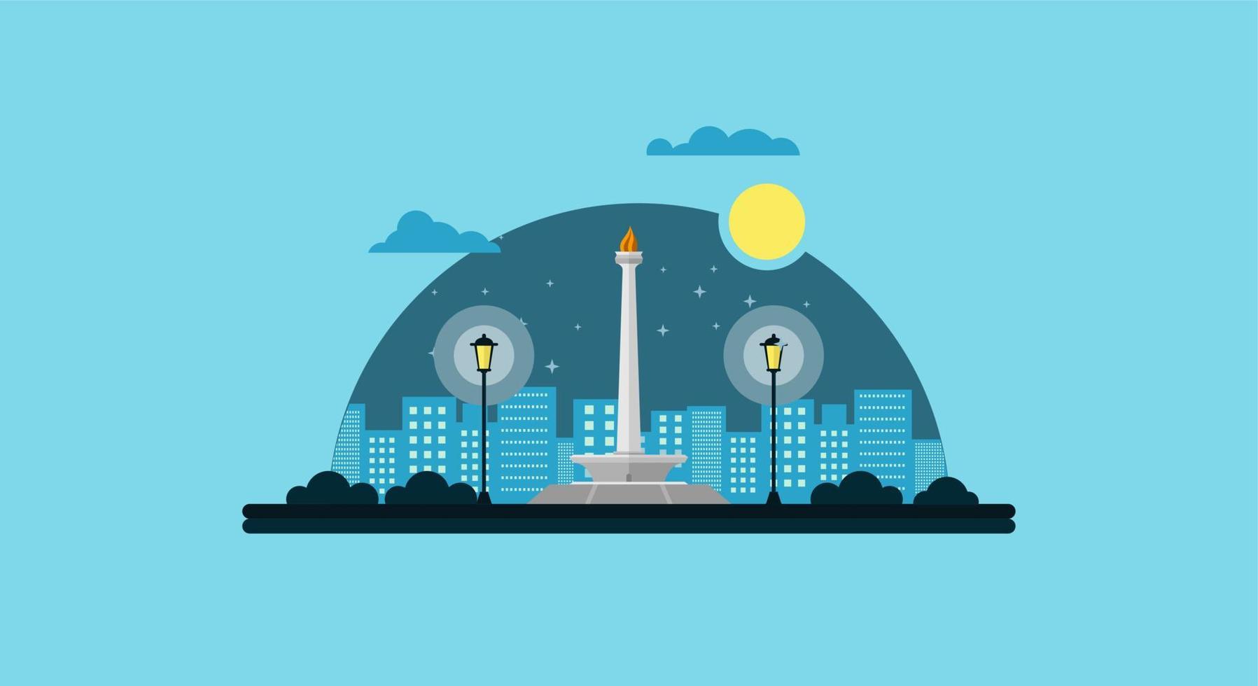 ilustración de diseño de vector plano de monas. monumento nacional de indonesia el hito de la ciudad de jakarta. monumen nasional jakarta tugu monas, ciudad capital de indonesia.