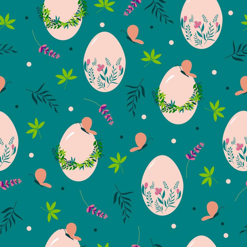 patrón transparente de pascua colorido con huevos dibujados a mano, flores, hojas elegantes y mariposas, perfecto para pancartas, papel tapiz, envolturas, textiles. ilustración vectorial vector