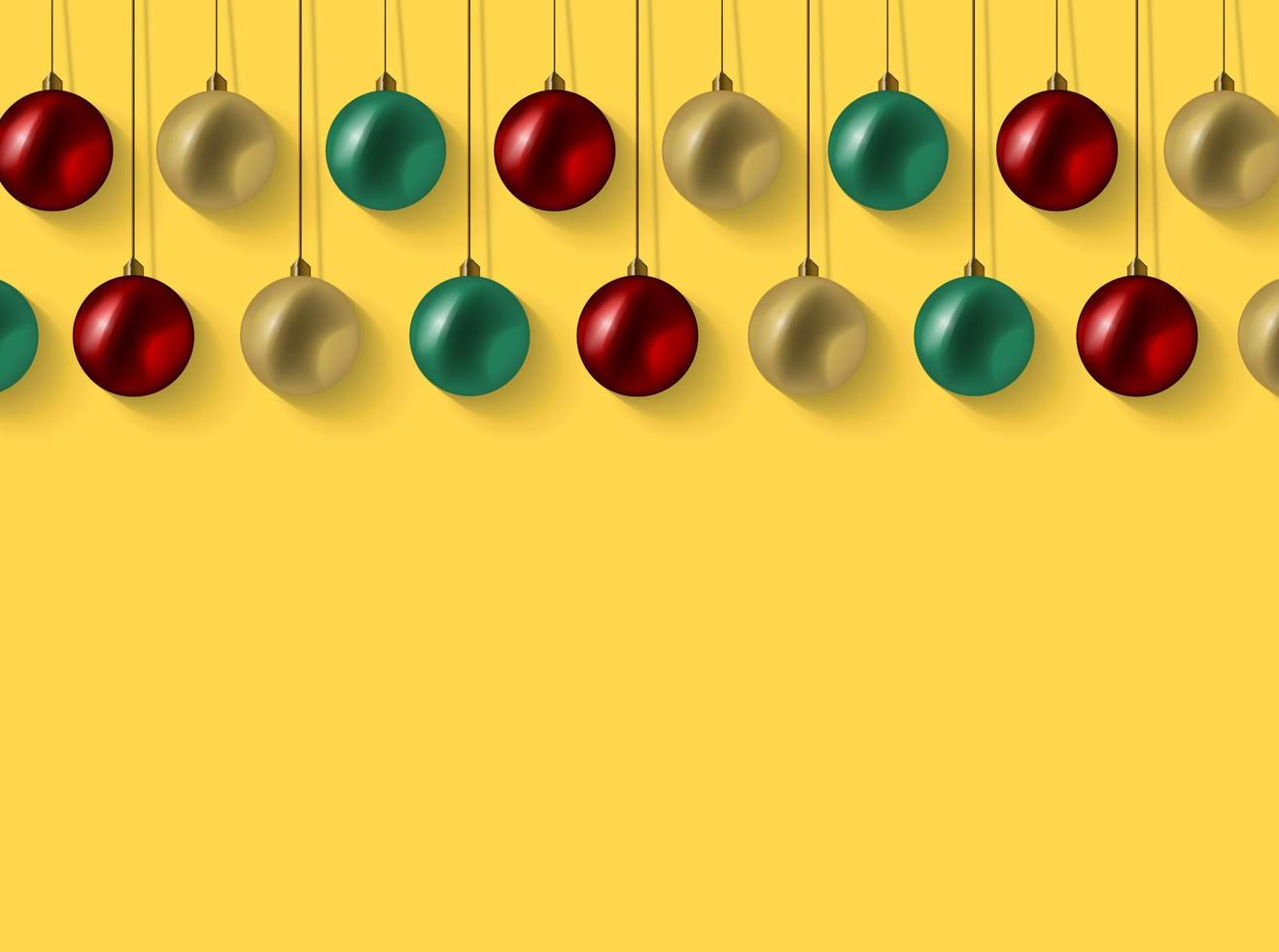 pancarta de composición navideña. fondo de diseño de navidad con decoración realista de bolas de oro rojo y verde brillante. cartel horizontal con espacio de copia. diseño de tarjeta de felicitación. vector