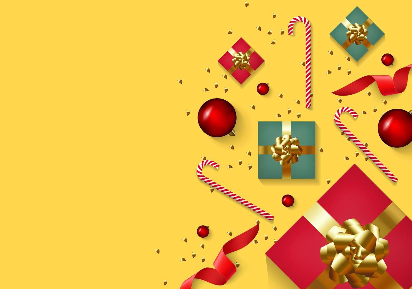 Christmas composition banner. Xmas design background with realistic gift box, glitter gold confetti, red ball decoration and candy. Top view horizontal poster with copy space. Flat lay greeting card. vector