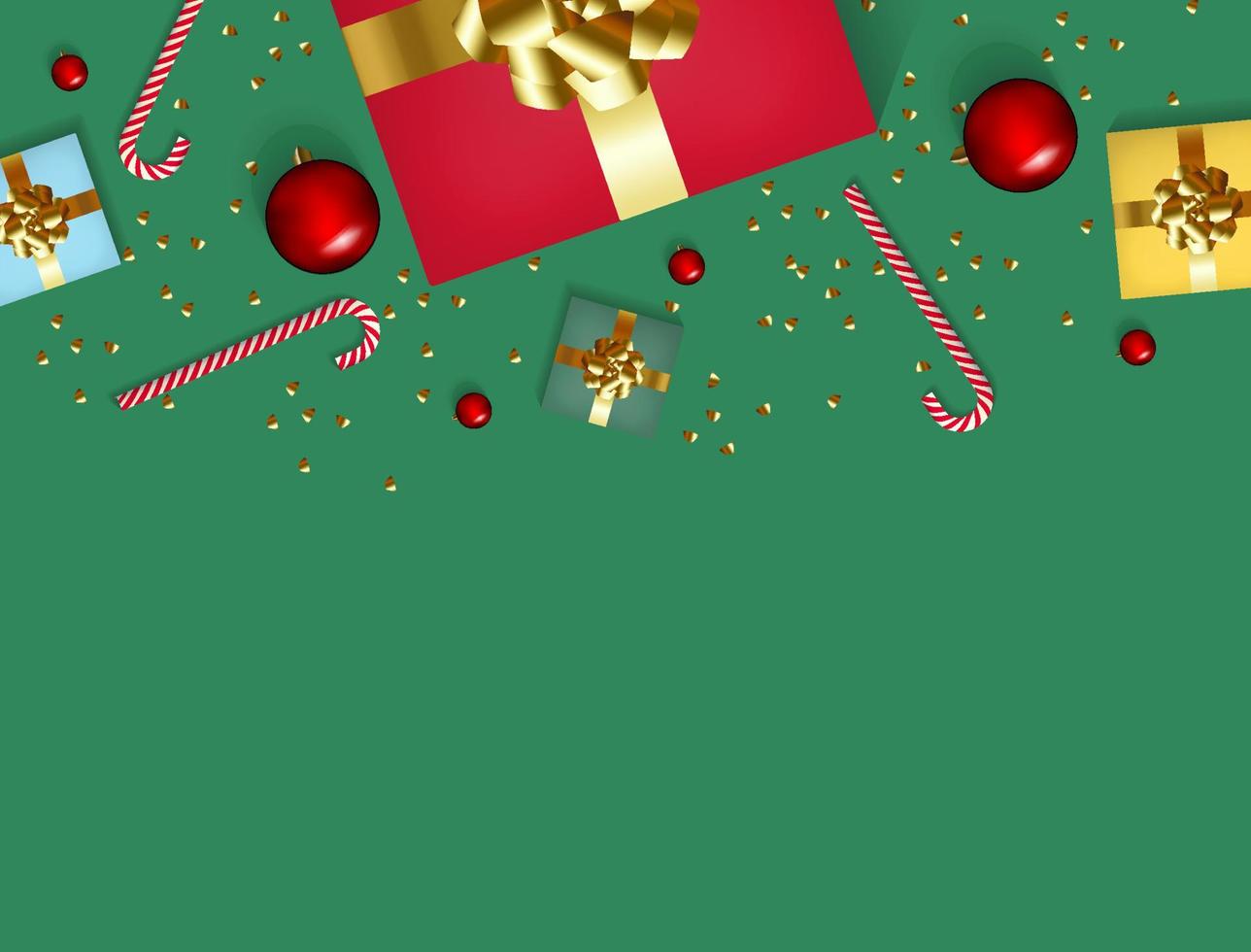 Christmas composition banner. Xmas design background with realistic gift box, glitter gold confetti, red ball decoration and candy. Top view horizontal poster with copy space. Flat lay greeting card. vector