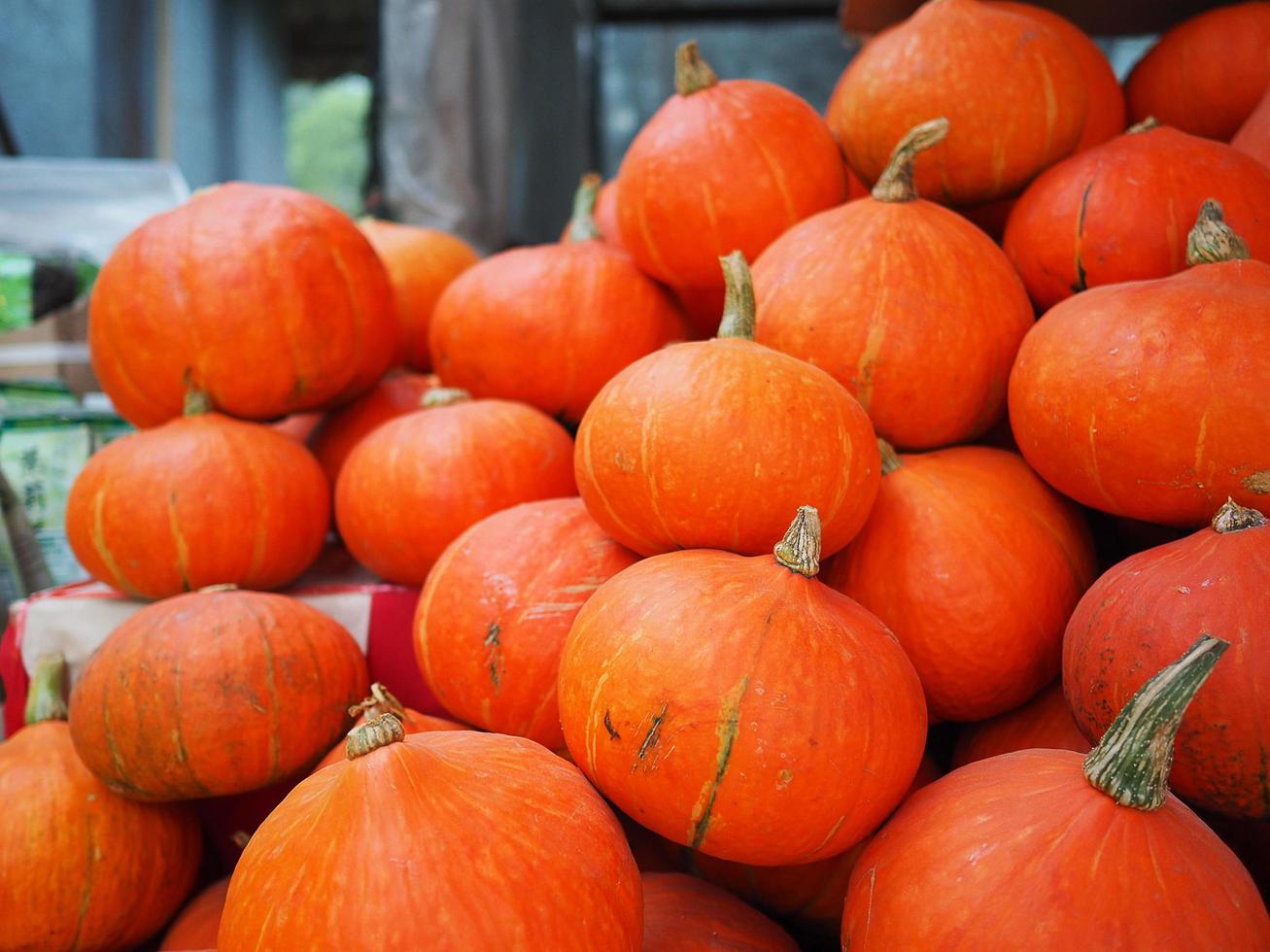 montón de calabazas japón a la venta en el mercado foto