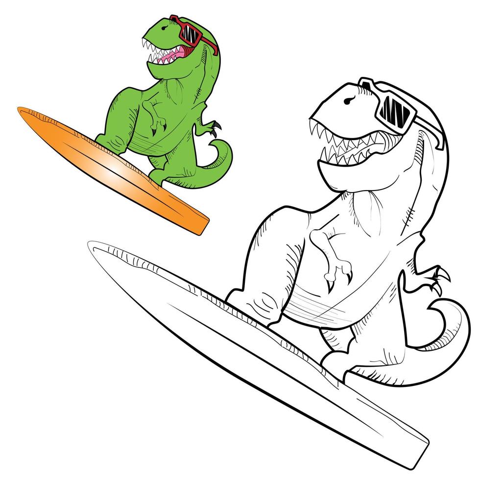 Funny T Rex surfer sketch hand drawing illustration. For kids coloring books design and print vector