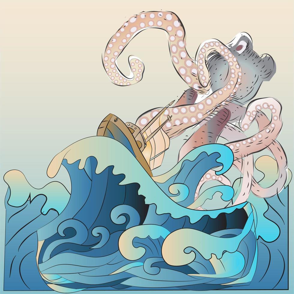 Ocean Waves and Octopus vector