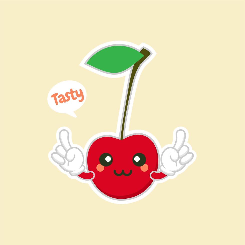 personajes de cereza lindos y kawaii. diseño de frutas con personajes de vector de cereza. personaje de cereza lindo, ilustración de vector de dibujos animados de cereza. carácter de vector de fruta lindo aislado sobre fondo de color.