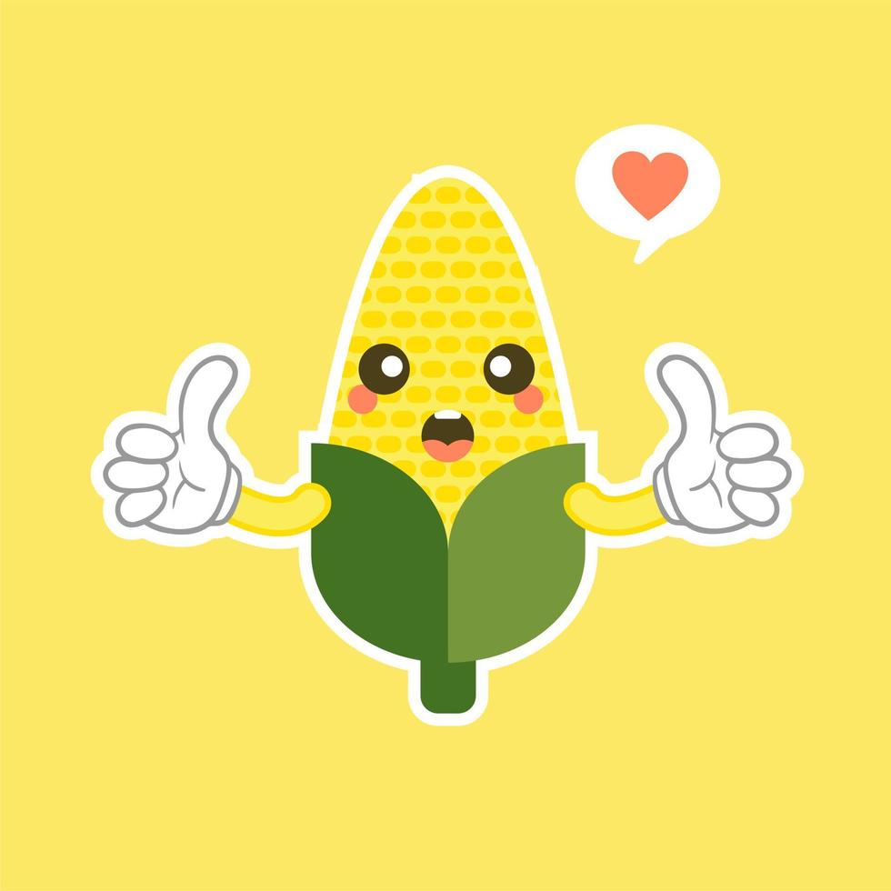 Corn character flat design vector illustration . Cute funny corn in cartoon kawai style. Vector isolate on color background