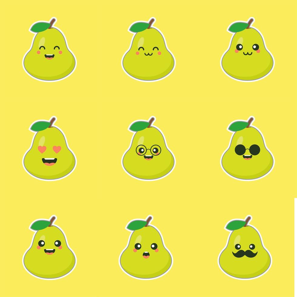 cute and happy cartoon style green pear characters for healthy food, vegan and cooking design. kawaii pear fruit with funny expression vector