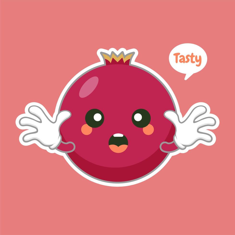 Cute and kawaii pomegranate cartoon character isolated on color background vector illustration. Funny positive and friendly emoticon face icon. Happy smile cartoon face food emoji, comical fruit