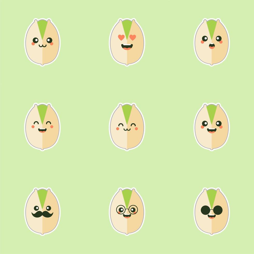 cute and kawaii Pistachio nuts character in the shell. Open and fried fresh organic food. Singles and group. Nuts vector illustrations isolated on color background.