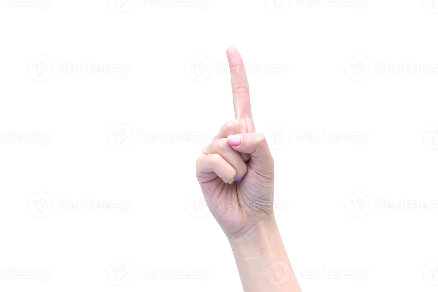 Hand of young woman shows one fingers as a fighting symbol on the  isolated white background. photo