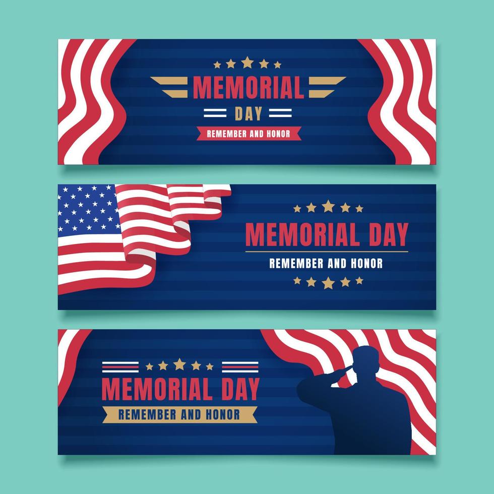 Memorial Day Banner Set with Waving Flag vector