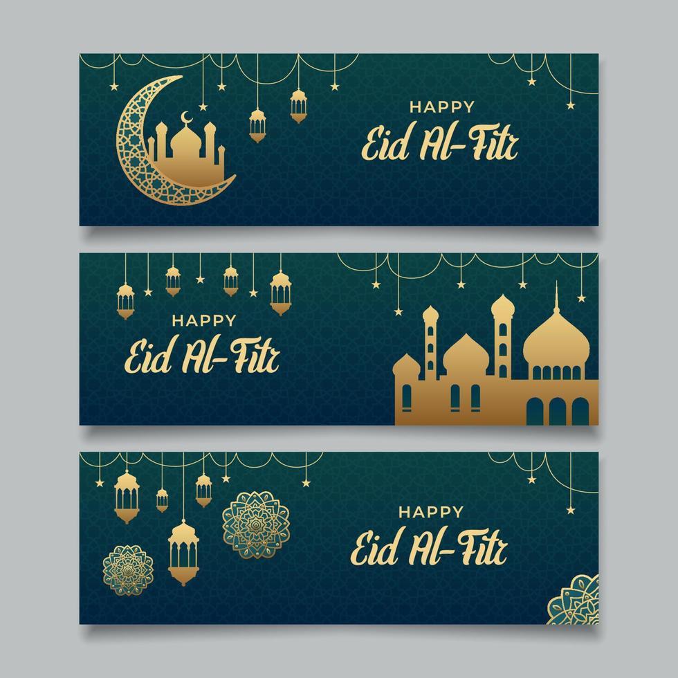 Eid Al-Fitr Mubarak Banner Set with Golden Ornament vector