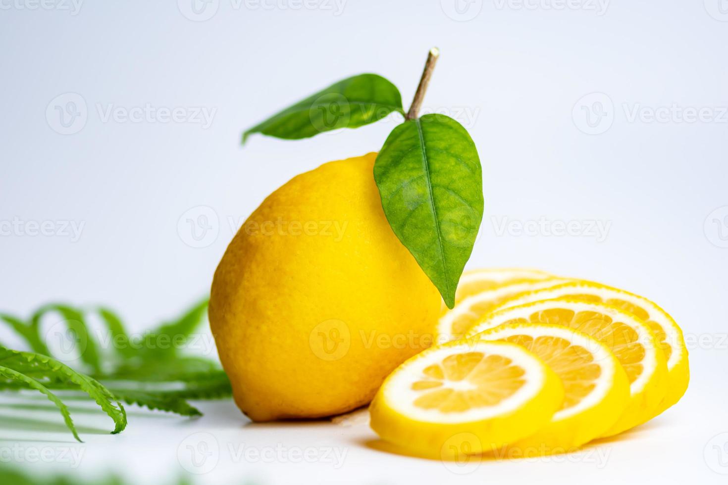 The Lemon and lemon slice  and bottles on the white background photo