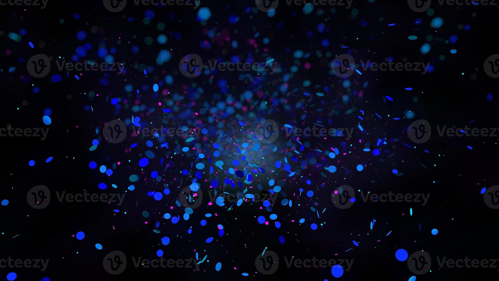 Group of blue and purple particles floating on a black background. 3d illustration photo