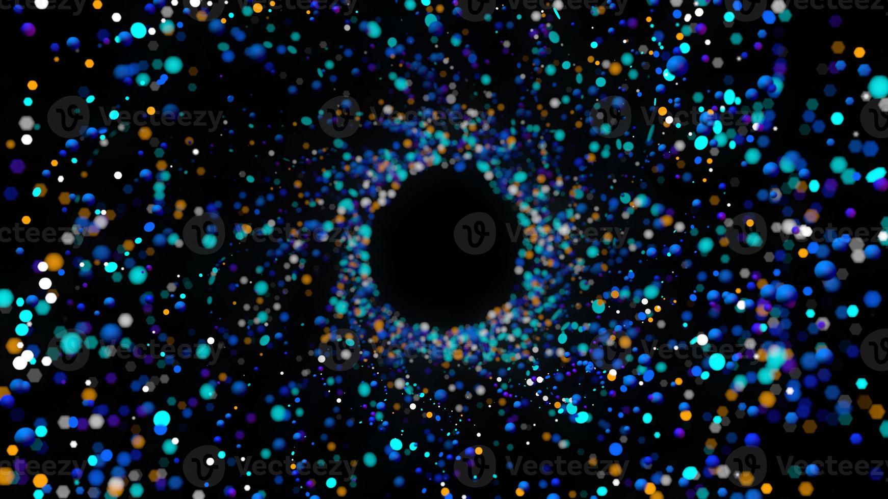 Abstract background of explosion of group of blue, orange and green particles of different sizes floating in a circular shape. 3d illustration photo
