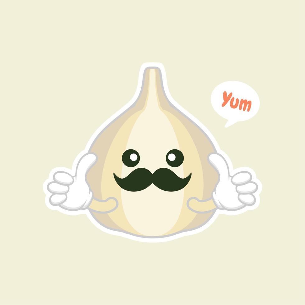cute and kawaa garlic cartoon character flat design vector illustration. can use restaurant menu, cooking books and organic farm label. Healthy food. Tasty vegan. Organic product. Culinary ingredient.