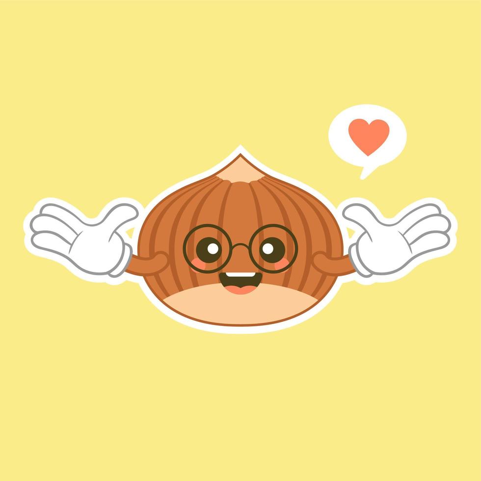 lindo y kawaii personaje de dibujos animados de frutas de avellana que muestra una nuez marrón sonriente con una cáscara fuerte para un diseño de concepto de nutrición vegetariana o saludable vector
