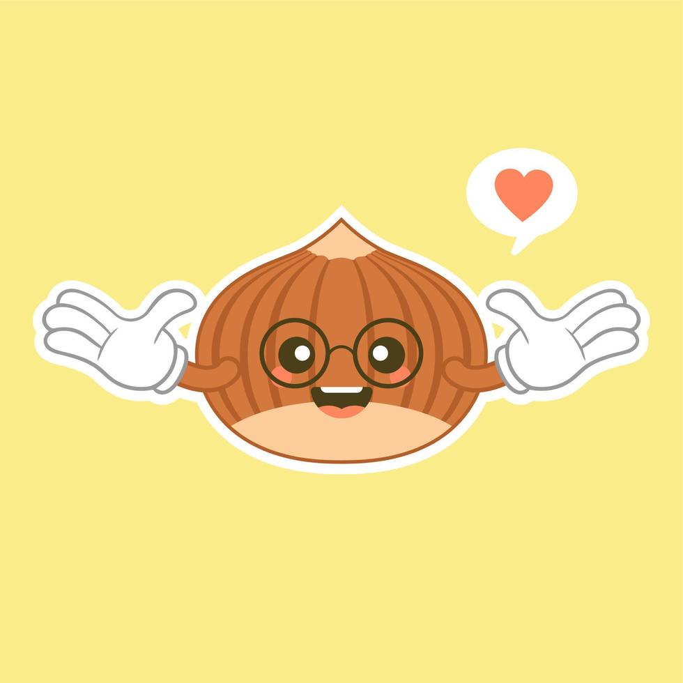 cute and kawaii hazelnut fruit cartoon character showing smiling brown nut with strong shell for vegetarian or healthy nutrition concept design vector