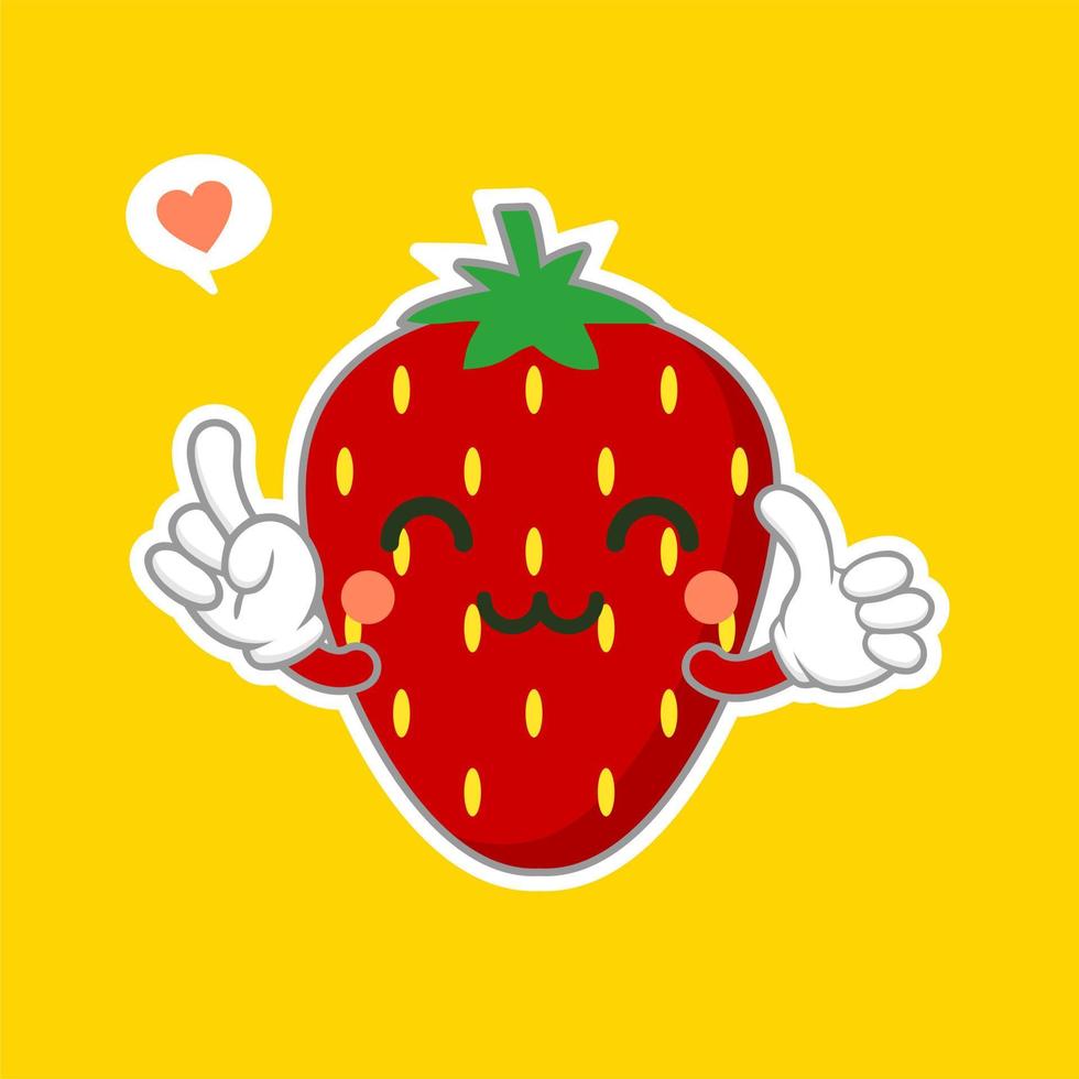 lindo y kawaii personaje de fruta de fresa. se puede utilizar en el menú del restaurante, en los libros de cocina y en la etiqueta de la granja orgánica. comida sana. sabroso vegano. Producto organico. ingrediente culinario. vector