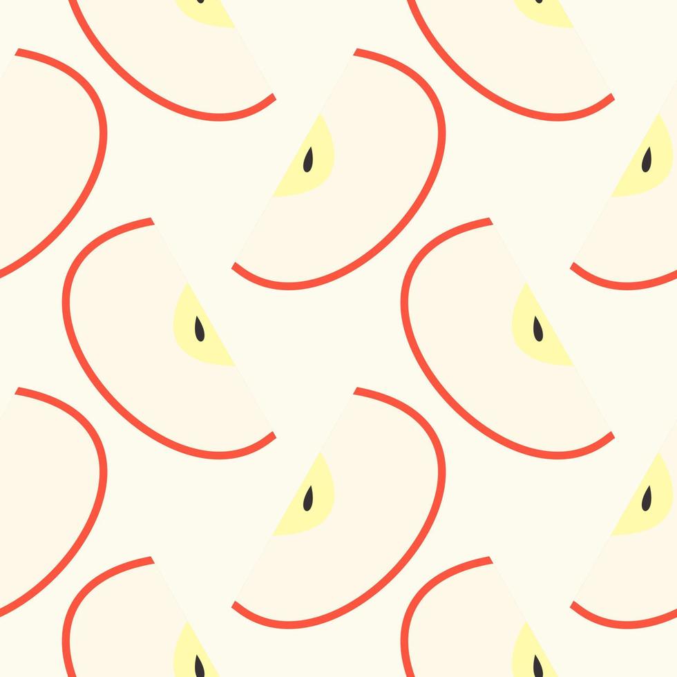 Apple seamless pattern and slice with seed on color background. Red apples fruits vector illustration.