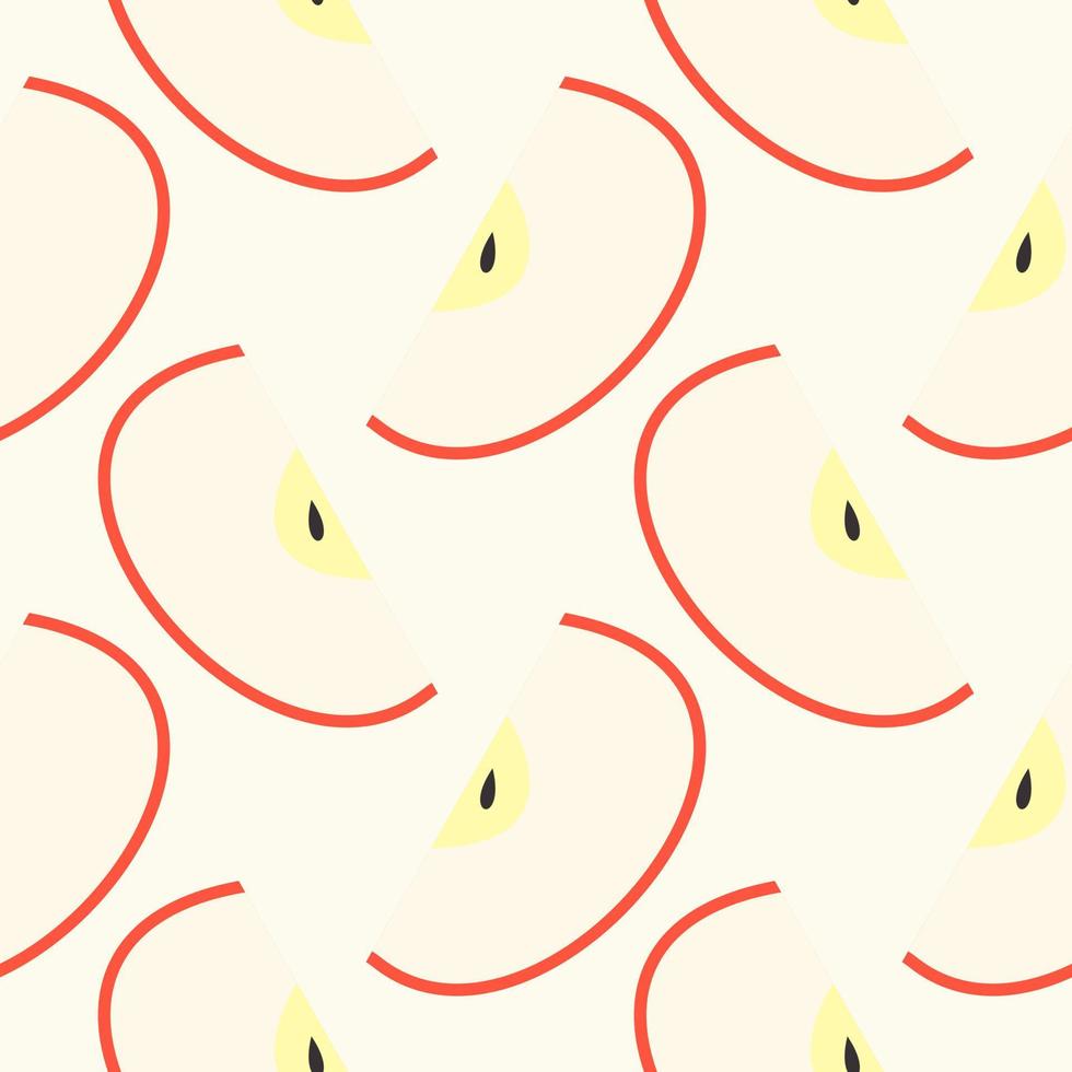 patrón sin costuras de manzana y rebanada con semilla sobre fondo de color. ilustración de vector de frutas de manzanas rojas.