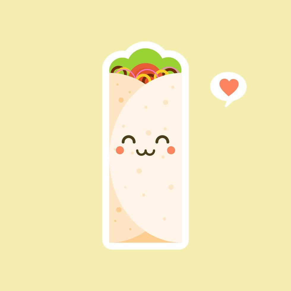 personaje de shawarma. burito dibujos animados de comida rápida. pollo vectorial, rollo de verduras, comida. doner gebab, ilustración de caricatura plana de shawarma... árabe, comida oriental, burittos, comida mexicana vector