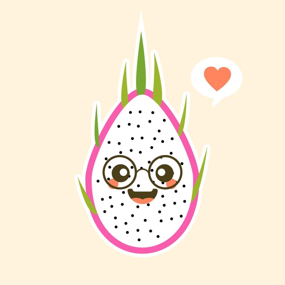 Cartoon cute dragon fruit character in kawaii style. S Design for t shirts, stickers, posters, cards etc. Vector illustration on color background