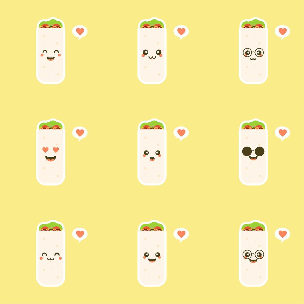 burrito feliz sonriente divertido lindo y kawaii. ilustración de vector de diseño plano de comida mexicana. comida tradicional mexicana, comida rápida. clipart brillante y positivo, composición.