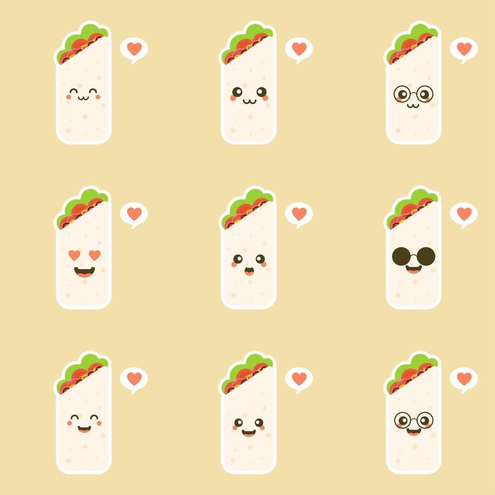 Cute and kawaii funny smiling happy burrito. Mexican food flat design vector illustration. Traditional Mexican meal, fast food. Bright and positive clipart, composition.