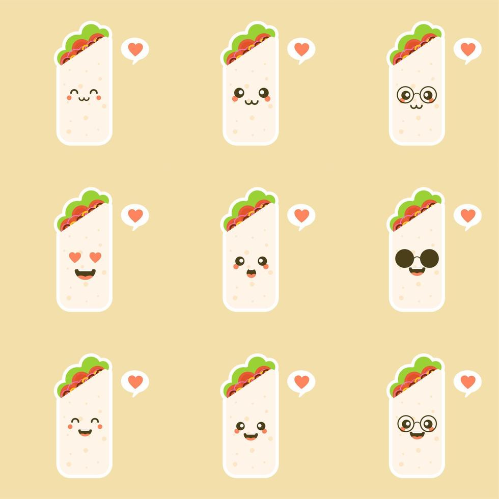 burrito feliz sonriente divertido lindo y kawaii. ilustración de vector de diseño plano de comida mexicana. comida tradicional mexicana, comida rápida. clipart brillante y positivo, composición.