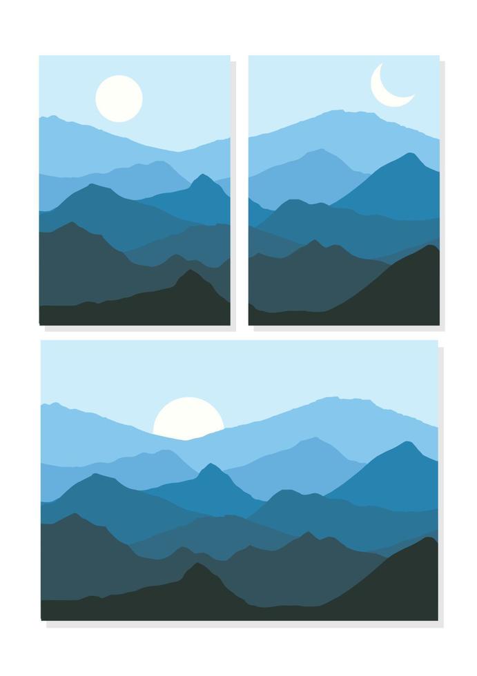 paisaje diurno y nocturno, paisaje montañoso con luna, sol, ilustración de diseño plano vectorial vector